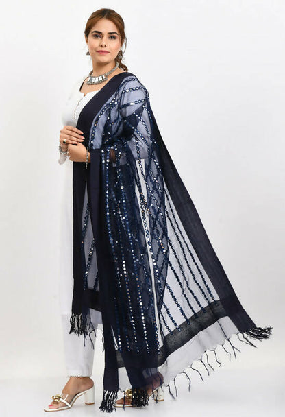 Mominos Fashion Moeza Women's Orgenza Mirror Stripe Thread Work Navy Blue Dupatta