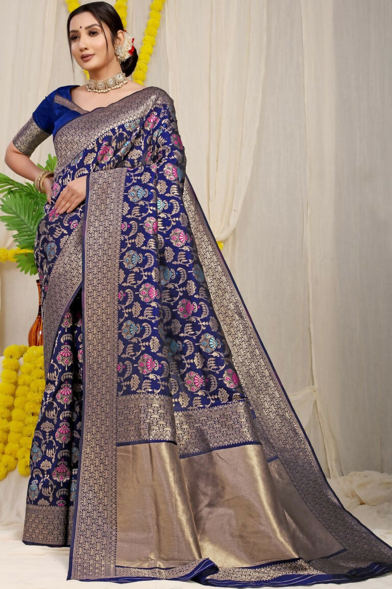 Jyoti Fashion Women's Navy Blue Kanjivaram Silk Zari Woven Saree with Blouse