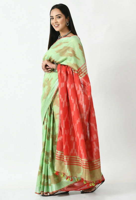 Mominos Fashion Moeza Light Green & Red Bhagalpuri Handloom Ikat Pure Cotton Saree with unstitched Blouse piece