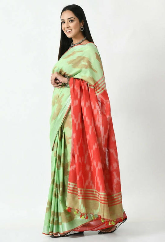 Mominos Fashion Moeza Light Green & Red Bhagalpuri Handloom Ikat Pure Cotton Saree with unstitched Blouse piece