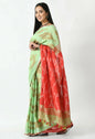 Mominos Fashion Moeza Light Green & Red Bhagalpuri Handloom Ikat Pure Cotton Saree with unstitched Blouse piece