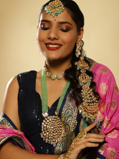 Gold-Polished White Blue Kundan-Studded Pearl Beaded Matha Patti - Ruby Raang