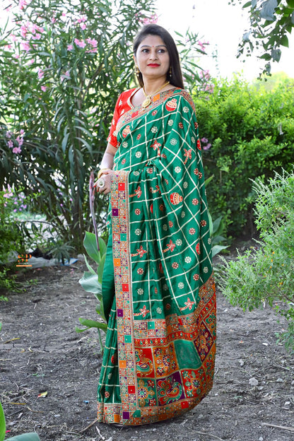 Lorenvalley Fashion Premium Green Dola Silk Embroidery and Diamond work with Jacquard Lace Border Saree
