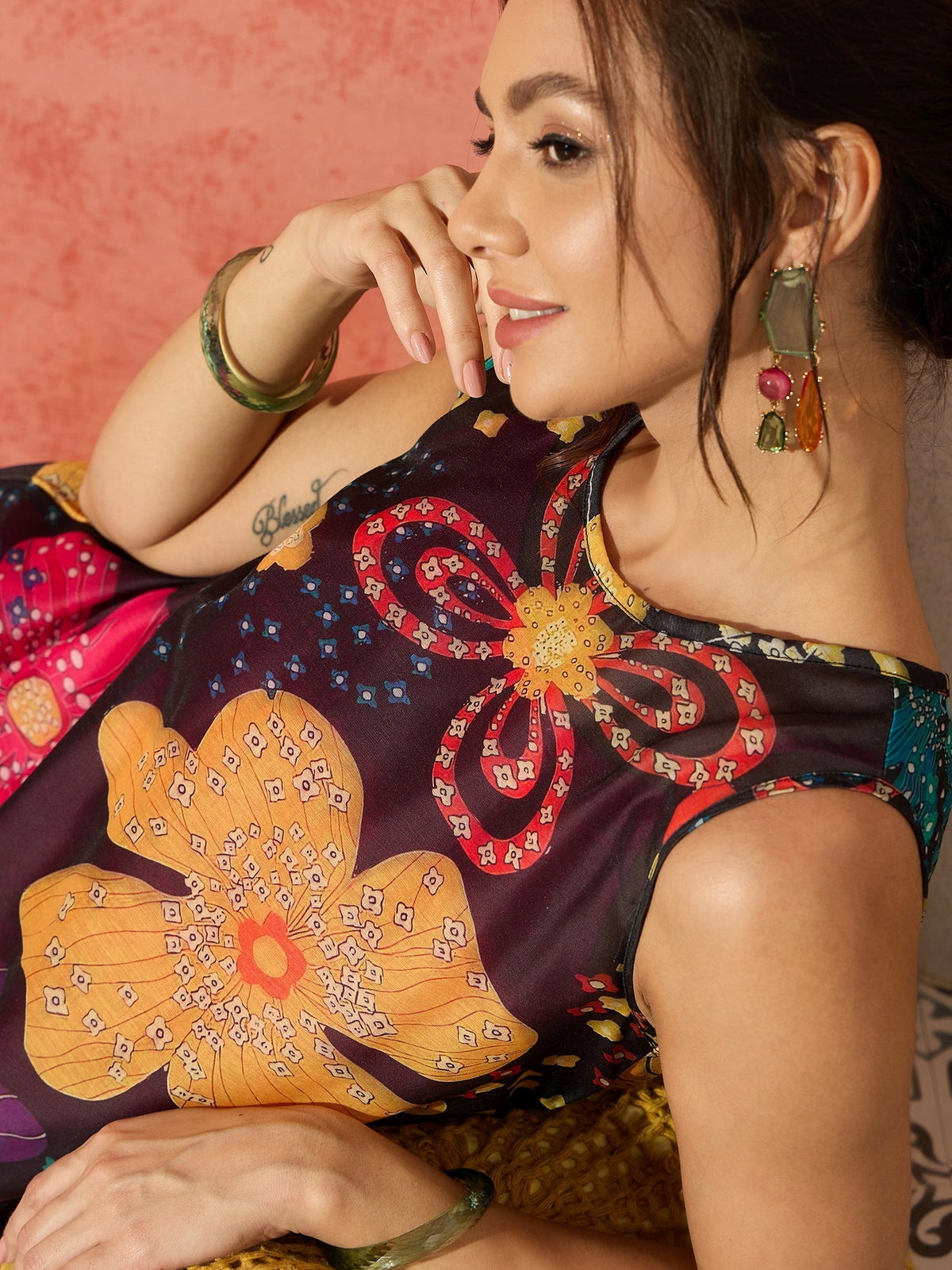 InWeave Black Floral Fuchsia Asymmetrical Dress