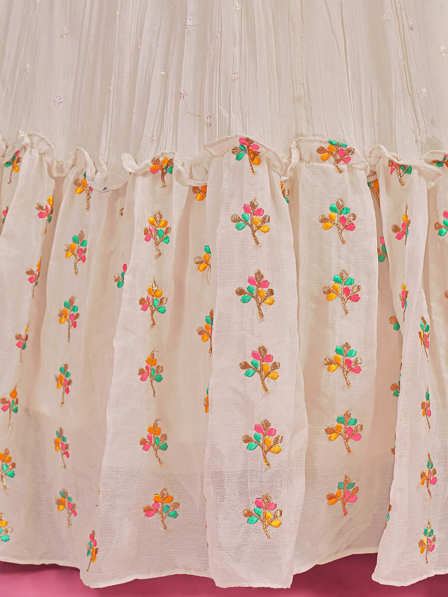 Myra White Chinon Silk Embroidered Gown