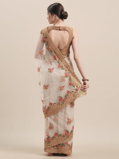 Tikhi Imli Off-White & Gold-Coloured Net Embroidered Saree