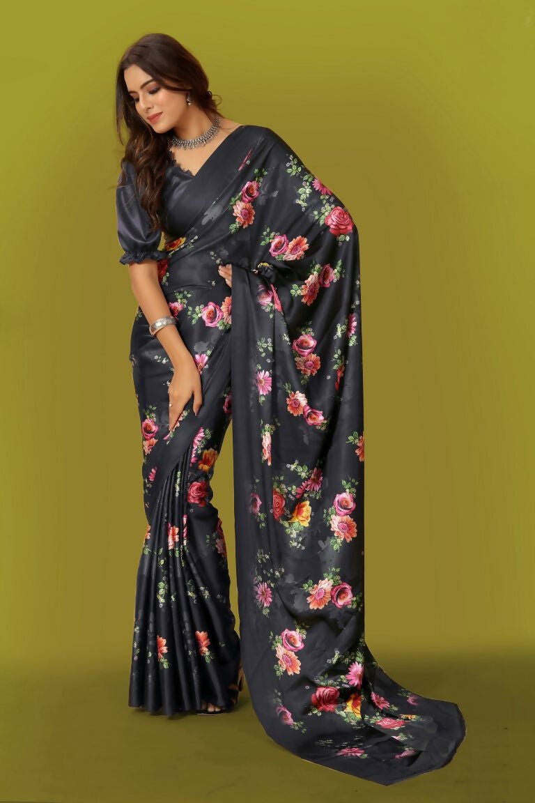 Aayaa Designer Printed Satin Saree - Multi Color