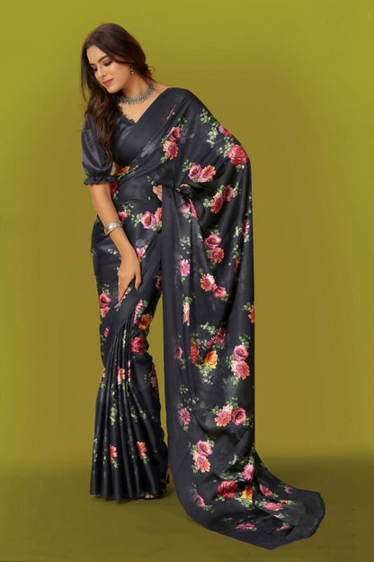 Aayaa Designer Printed Satin Saree - Multi Color
