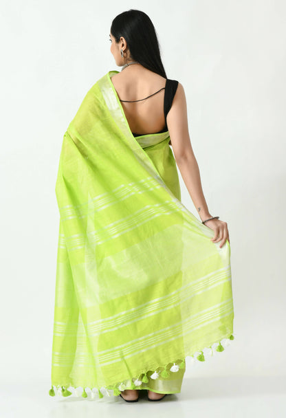 Mominos Fashion Moeza Parrot Green Bhagalpuri Handloom Silk Linen Saree with unstitched Blouse piece