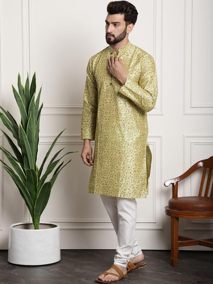 Sojanya Men Lime Green Ethnic Motifs Printed Kurta with Pyjamas & Nehru Jacket