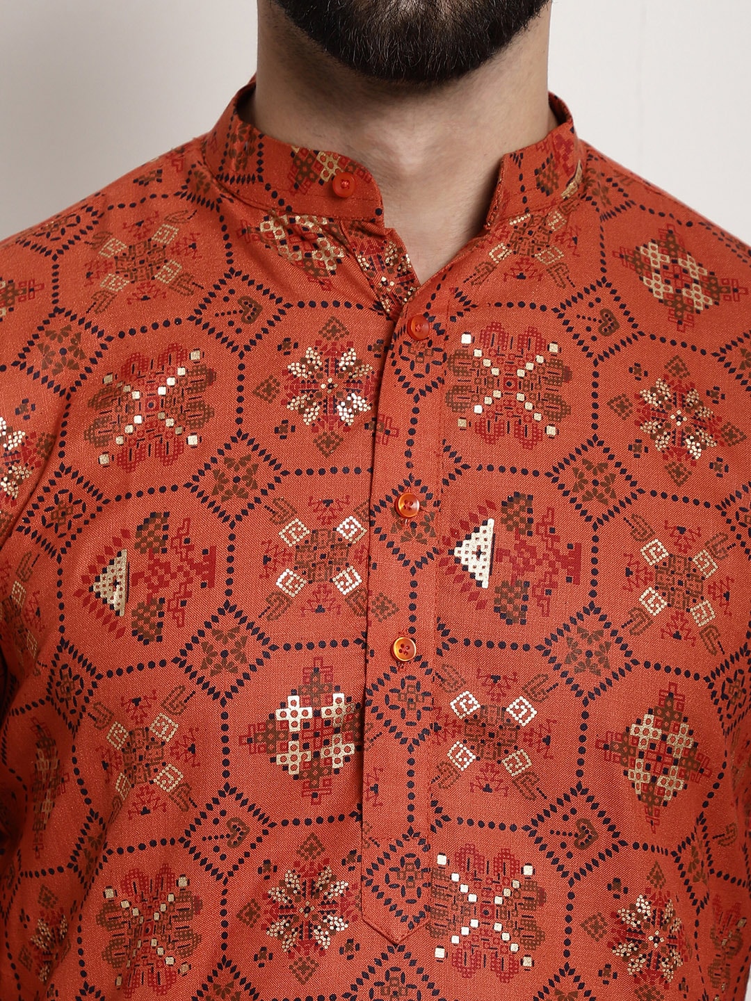 Sojanya Men Orange Printed Cotton Linen Kurta with Churidar