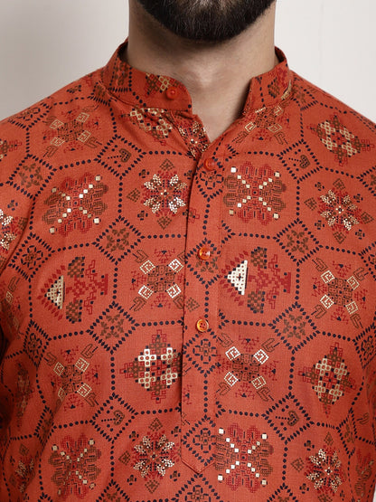 Sojanya Men Orange Printed Cotton Linen Kurta with Churidar