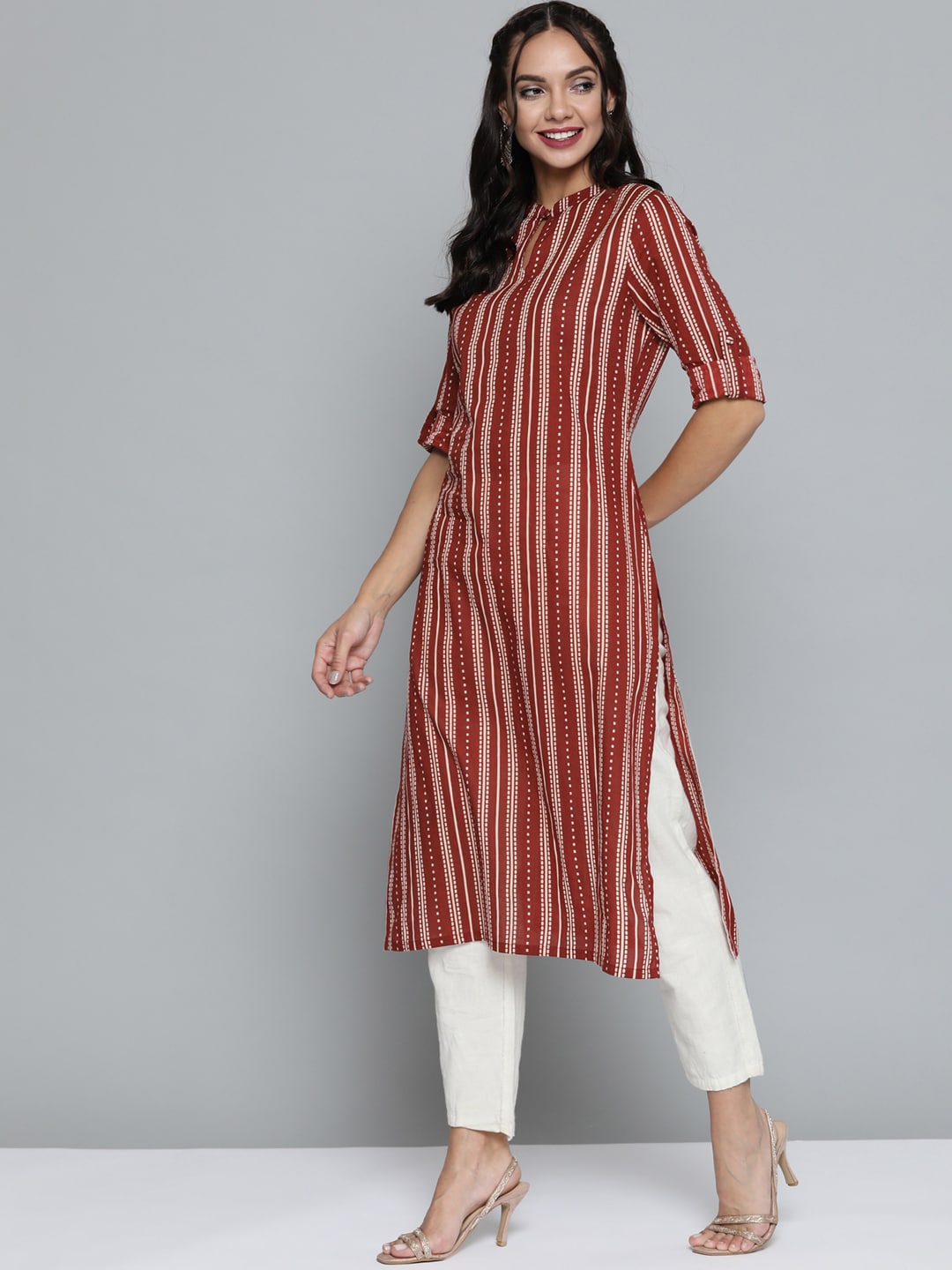 HERE&NOW Women Rust Red & Off-White Pure Cotton Striped Keyhole Neck Straight Kurta