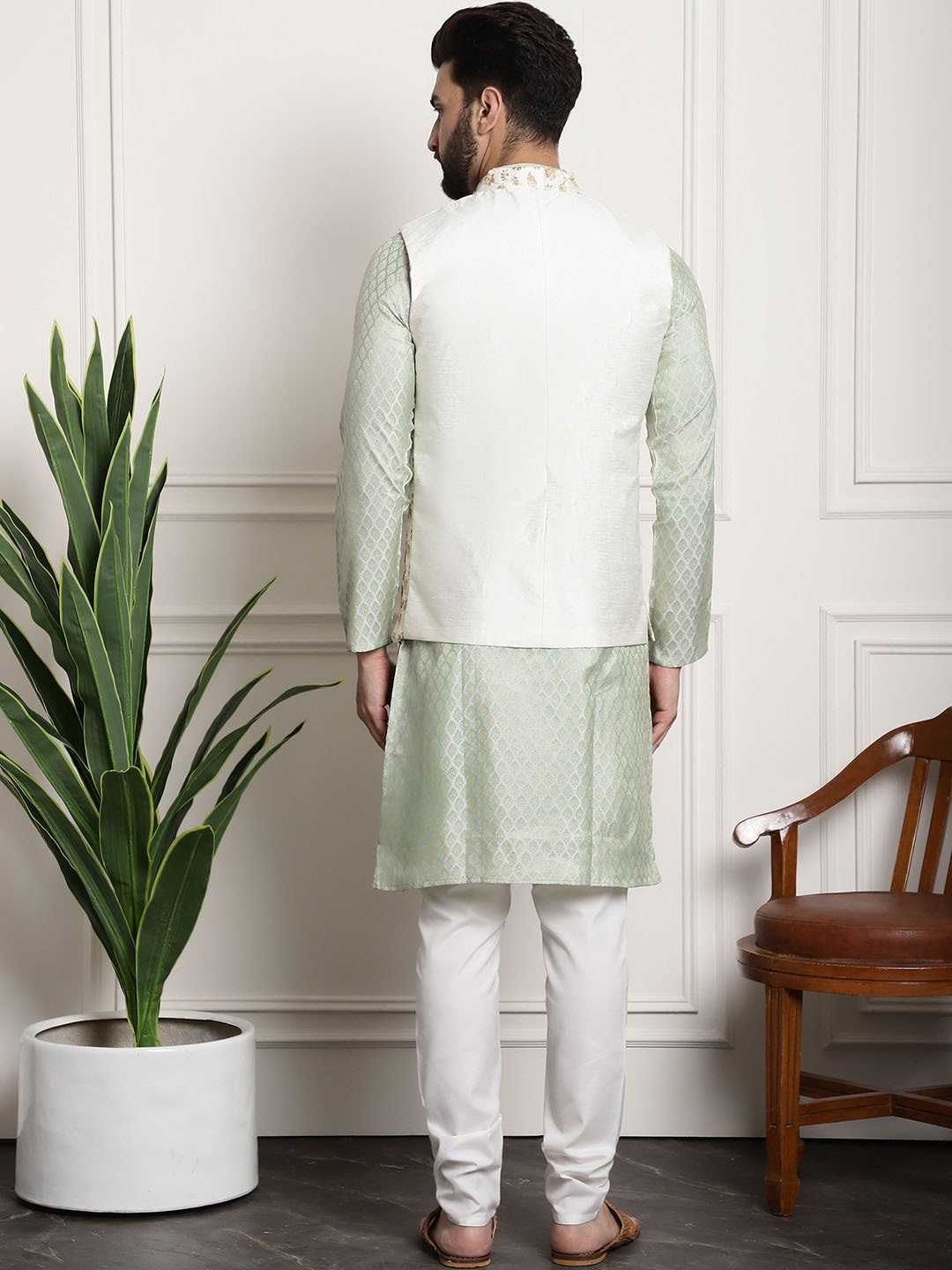 Sojanya Woven Design Mandarin Collar Kurta with Churidar & Nehru Jacket