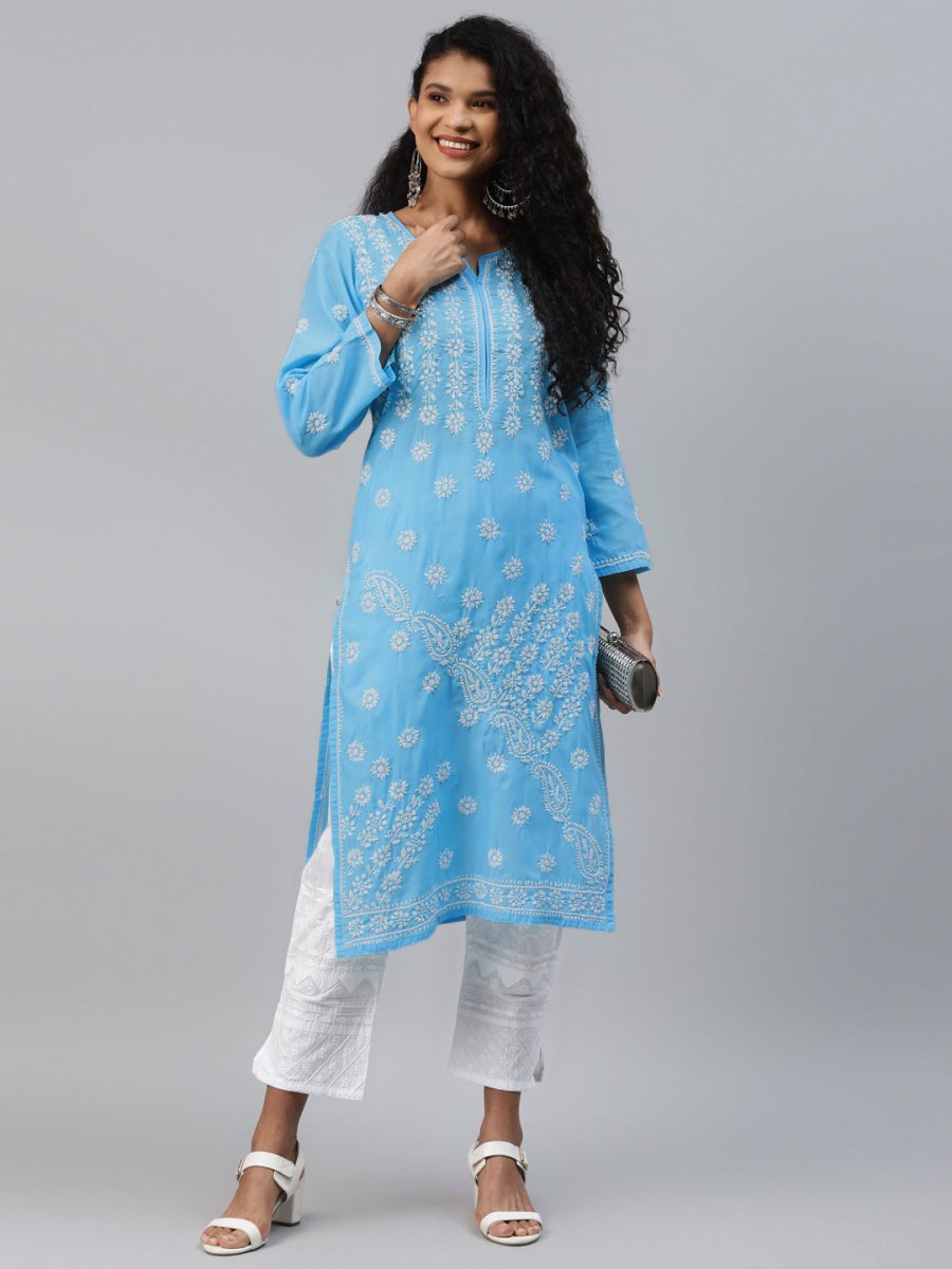 ADA Women Blue & White Ethnic Motifs Hand Embroidered Chikankari Handloom Kurta