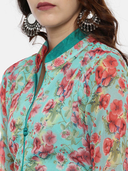 Souchii Women Turquoise Blue & Pink Floral Print Ethnic Maxi Dress