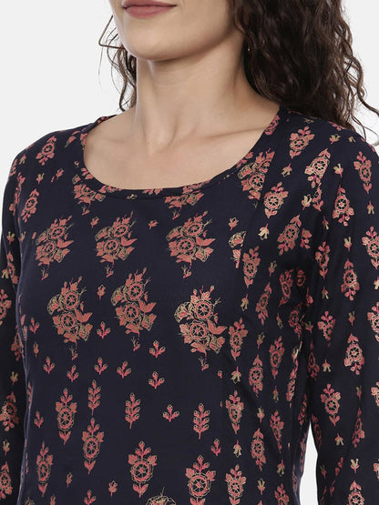 Souchii Navy Blue & Pink Printed Kurta with Palazzos