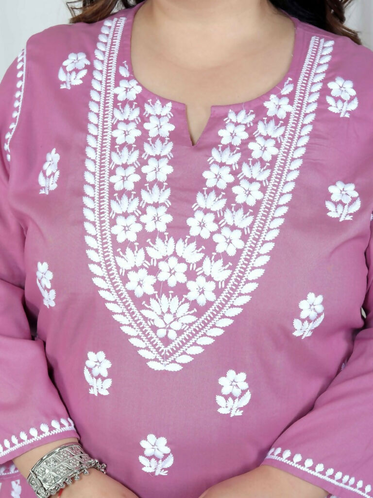 Miravan Women's Plus Size Chikankari Embroidery Pink Straight Kurta And Palazzo Set