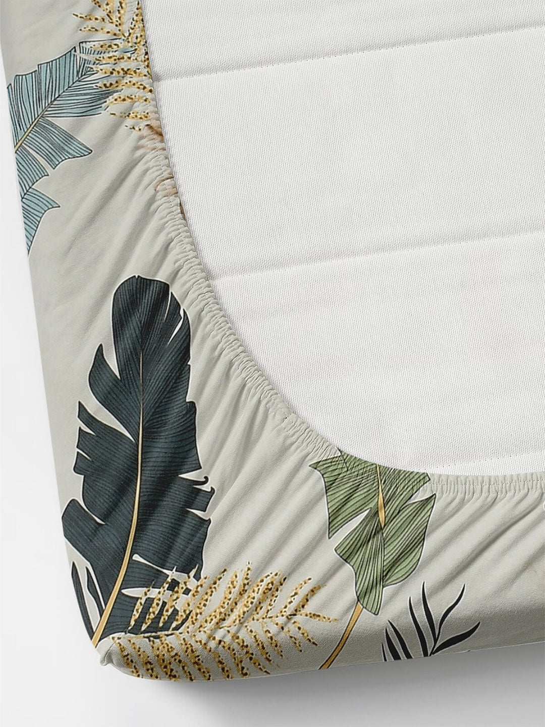 Florida Reeva Off White & Green Floral 180 TC Fitted King Bedsheet With 2 Pillow Covers