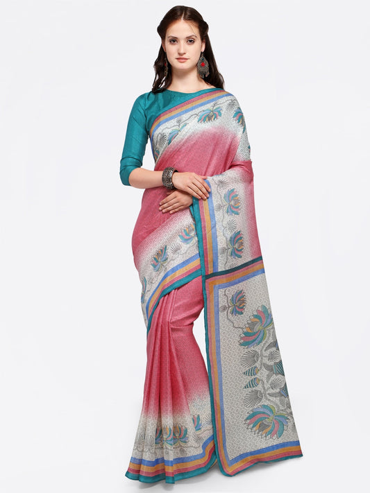 Saree Mall Pink & Grey Art Silk Printed Bhagalpuri Saree