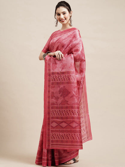 Saree Mall Peach-Coloured & White Floral Art Silk Sarees