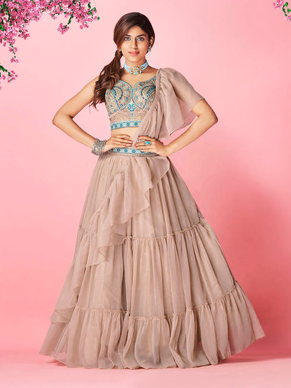 Myra Rose Taupe Art Silk Designer Lehenga