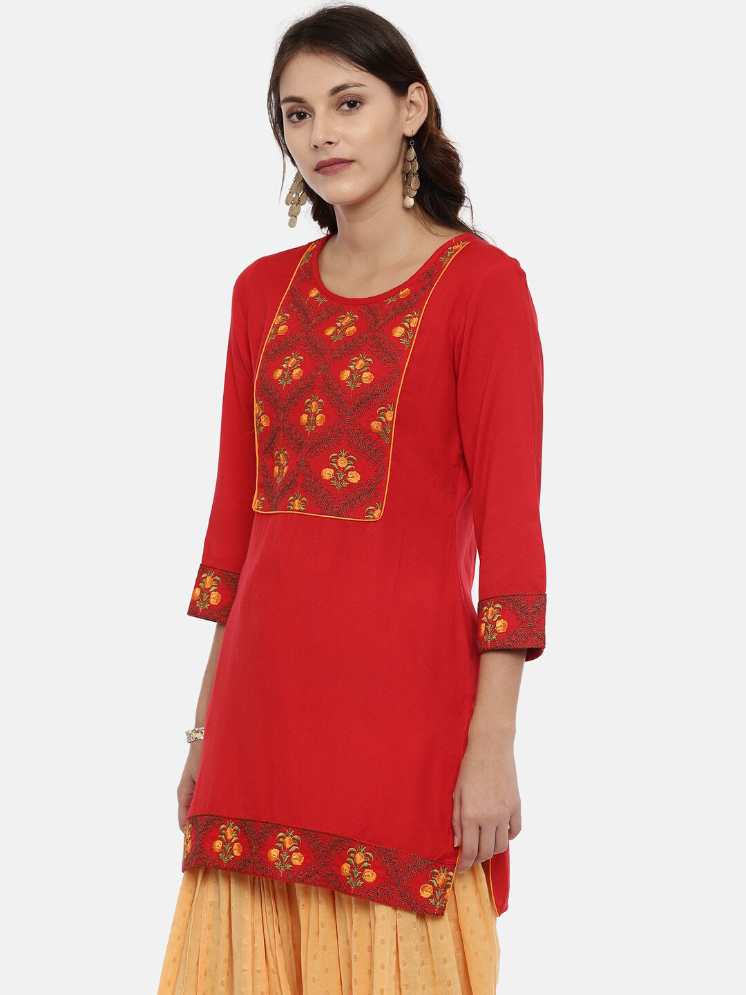 Souchii Women Red & Yellow Floral Yoke Design Kurta