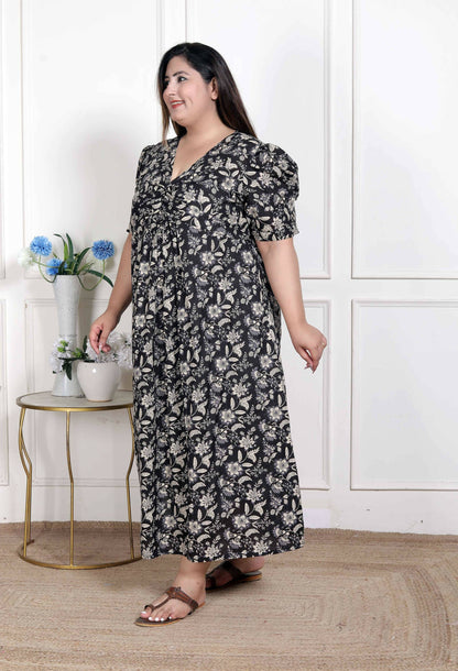 Miravan Women's Plus Size Pleated Puff Sleeve Floral Pure Cotton Black And White Butterfly Maxi Dress