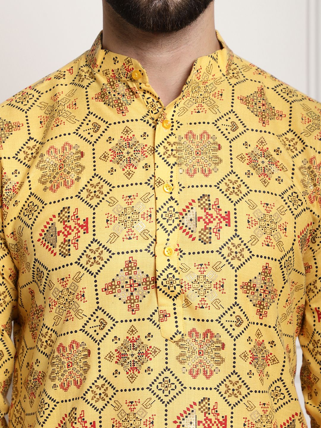 Sojanya Men Yellow Ethnic Motifs Printed Kurta with Churidar