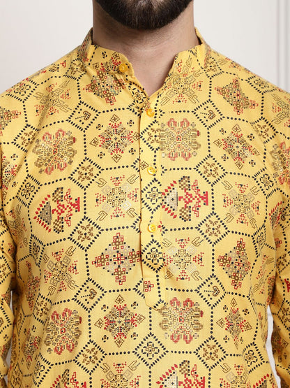 Sojanya Men Yellow Ethnic Motifs Printed Kurta with Churidar
