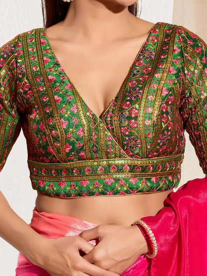Joban Fashion Bottle Green Mulberry Silk Padded Blouse With V Neck Elbow Sleeves