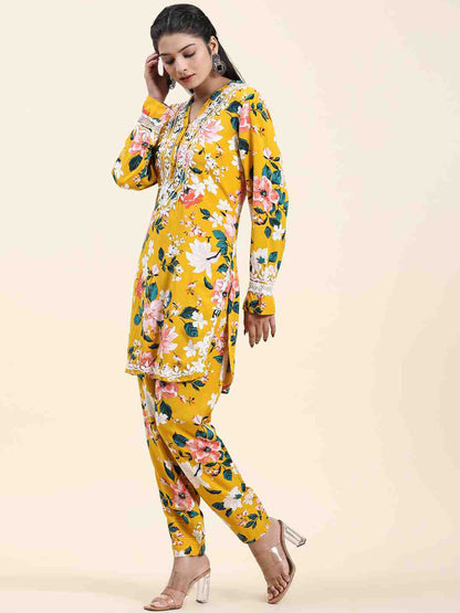HOUSE OF KARI Floral Printed Chikankari Regular Straight Pure Cotton Kurta with Trousers