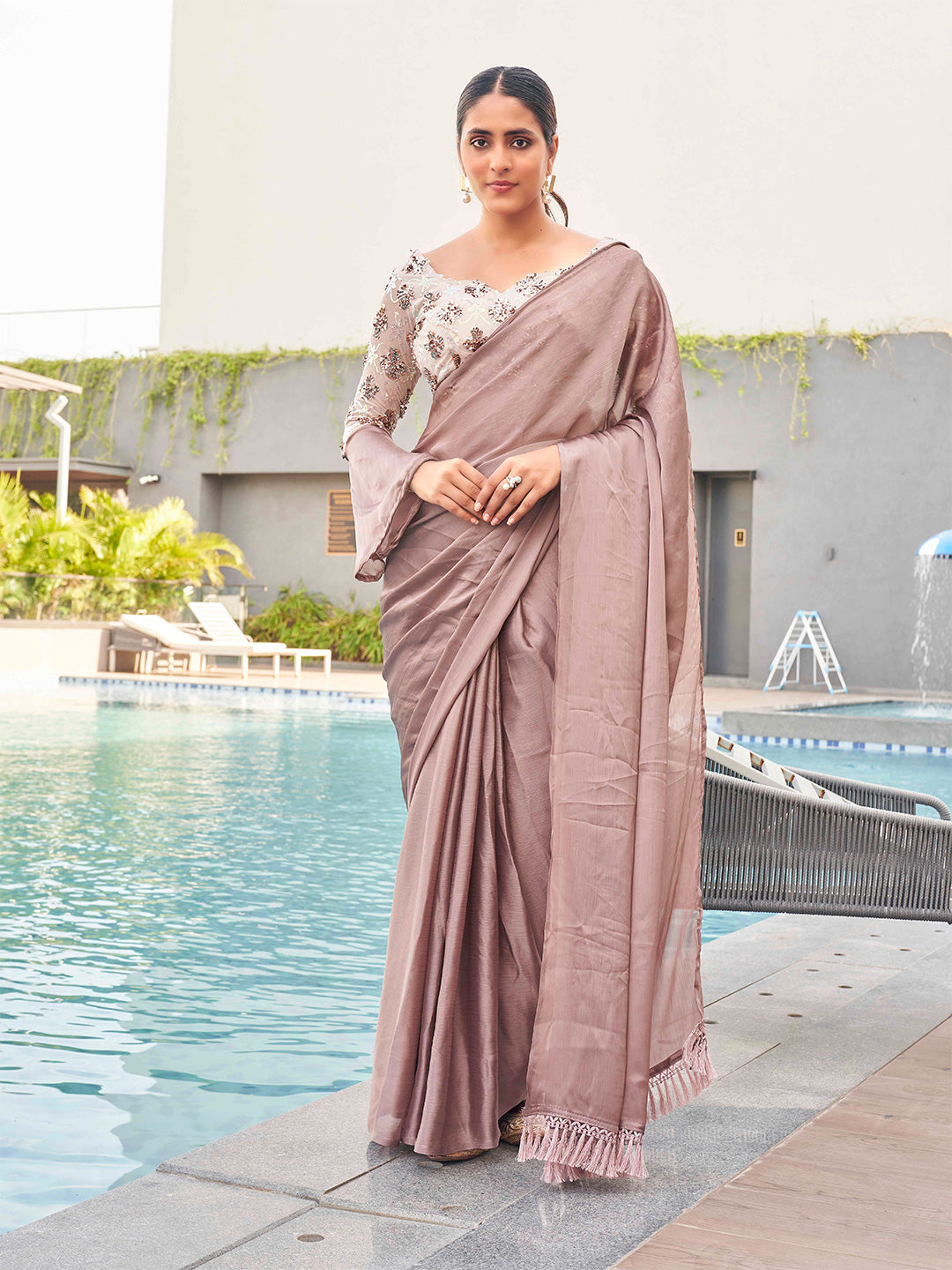 Tikhi Imli satin saree with sequence embroidered blouse