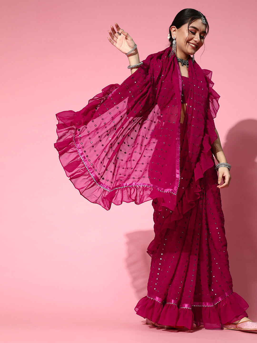 Tikhi Imli Embellished Poly-Georgette Saree with Solid border