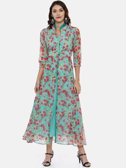 Souchii Women Turquoise Blue & Pink Floral Print Ethnic Maxi Dress