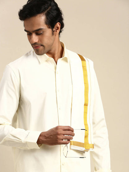 Ramraj Cotton Wedding Cream Zari Dhoti with shirt Bit & Towel Set Subamangalam 50k