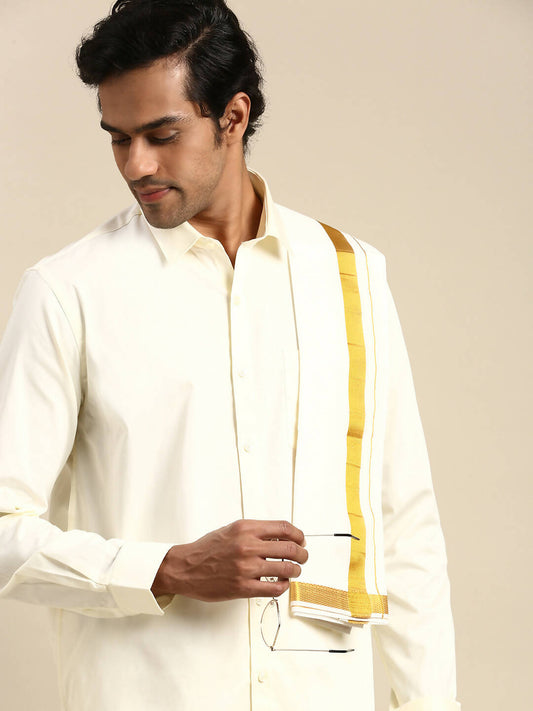 Ramraj Cotton Wedding Cream Zari Dhoti with shirt Bit & Towel Set Subamangalam 50k