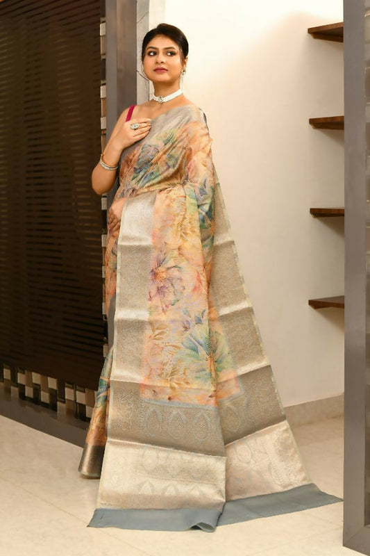Joban Fashion Grey & Orange Saree Tissue Digital With Embroidery