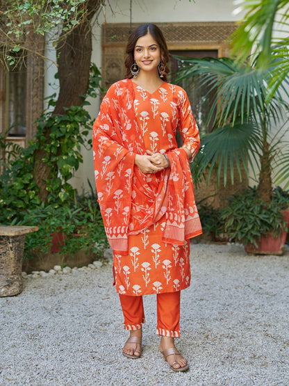 The52 Orange Women's Beautiful Cotton Blend Fabric Printed Work Straight Kurta, Pant and Dupatta Set