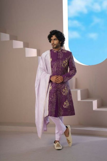 Purple Elegance Sherwani With Zardosi And Gold Embellishments by Hilo Design