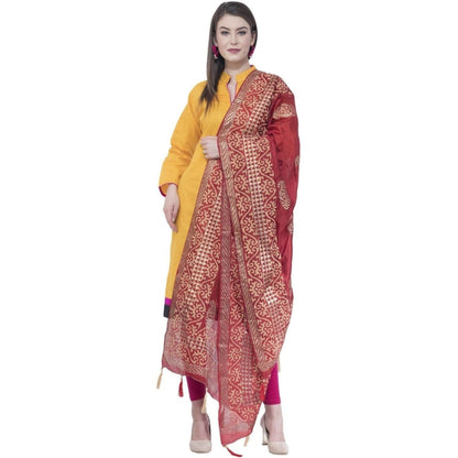 A R Silk Women's Gold Print Silk Mehroon Dupattas and Chunnis