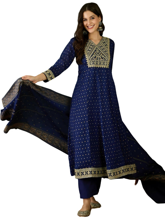 The52 Blue Women's Gorgeous Embroidered Work Vichitra Silk Fabric Flared Kurta Pant and Dupatta Set