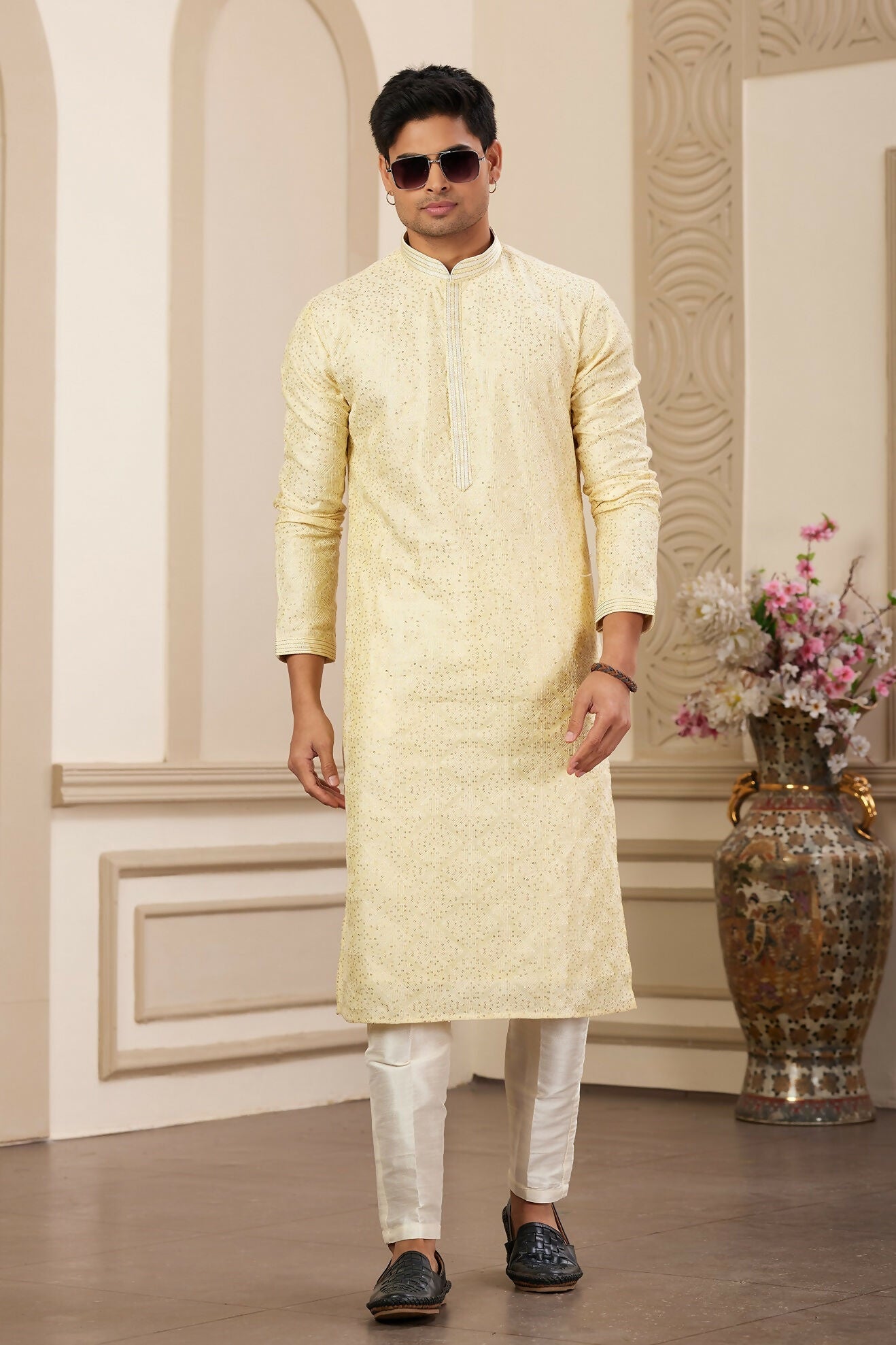 Raivat Ethnic Men's Art Silk Thread Work Kurta Pyjama In Yellow Colour