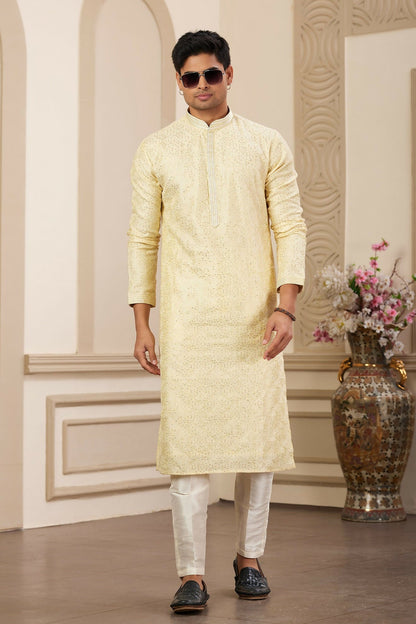 Raivat Ethnic Men's Art Silk Thread Work Kurta Pyjama In Yellow Colour