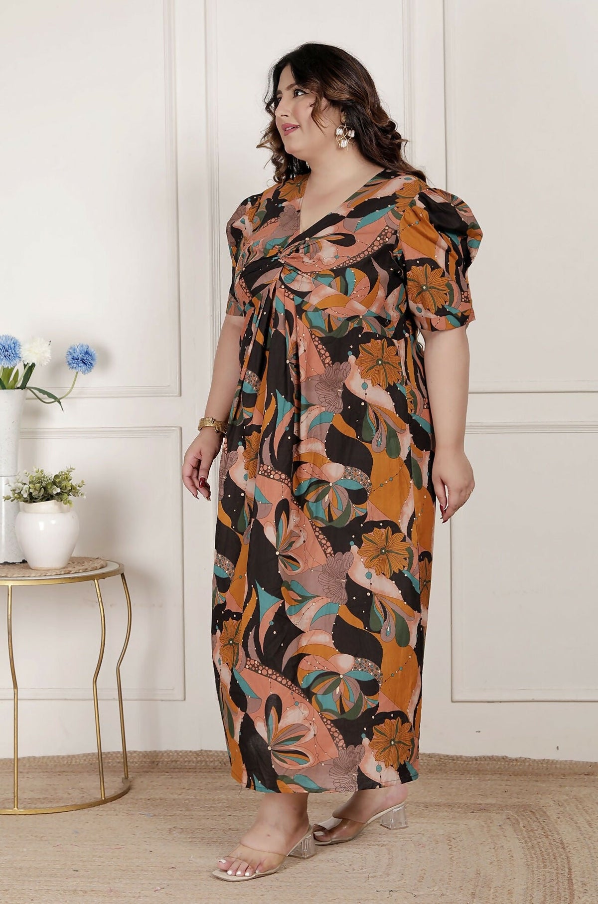 Miravan Womens Plus Size Pure Cotton Black Puff Sleeve Floral Printed Butterfly Maxi Dress
