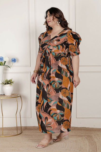 Miravan Womens Plus Size Pure Cotton Black Puff Sleeve Floral Printed Butterfly Maxi Dress