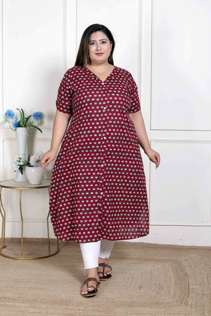 Miravan Women's Plus Size Relaxed Fit Red Floral Printed A-Line Pure Cotton Kurta