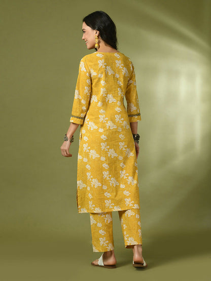 Myshka Women's Yellow Printed Cotton Straight Party Kurta Set