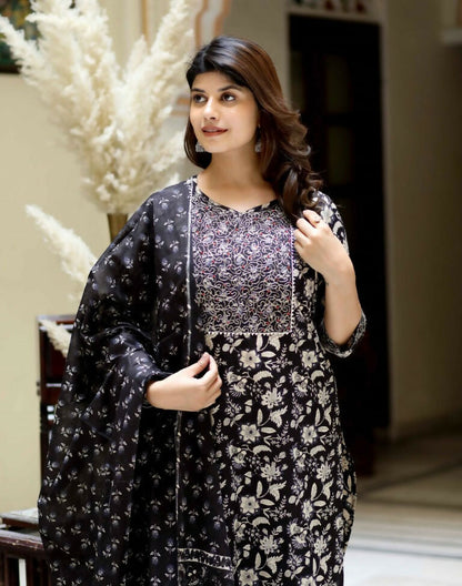 Miravan Women's Black Floral Printed Kurta Palazzo With Dupatta Set