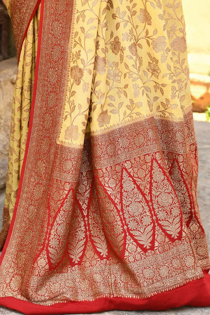 Joban Fashion Yellow Crepe Chiffon Pure Handloom Banarasi Silk Saree